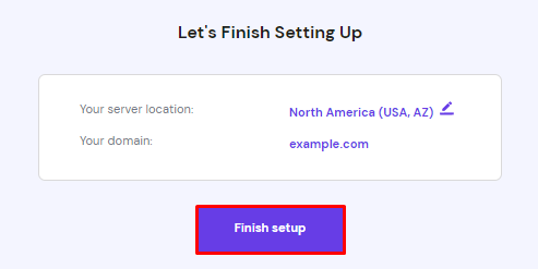 The Let's Finish Setting up page on hPanel, with the Finish setup option highlighted