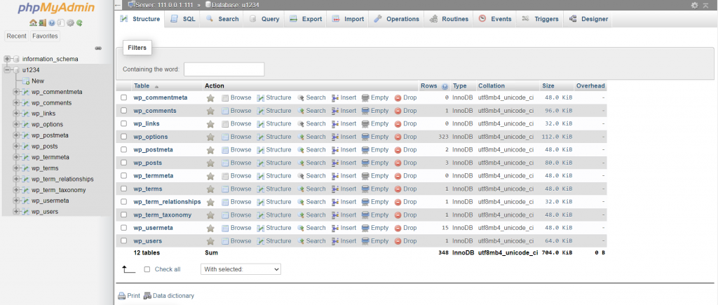 The phpMyAdmin interface showing default WordPress tables
