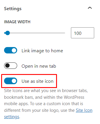 The settings section for site logo block, with the highlighted use as site icon option