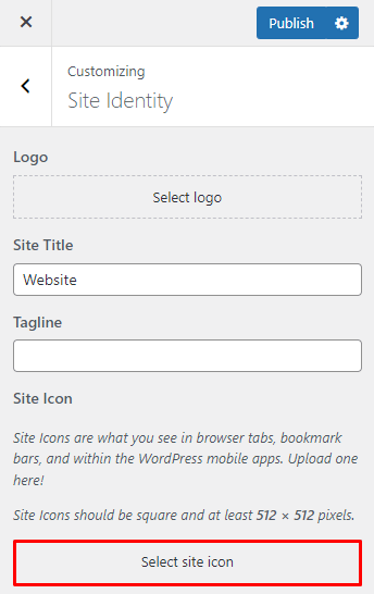 The site identity section in the WordPress Customizer, with the highlighted select site icon button