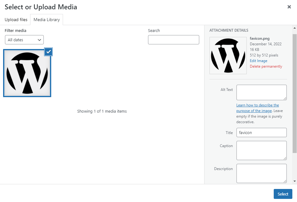WordPress media library pop-up, showing a selected favicon file