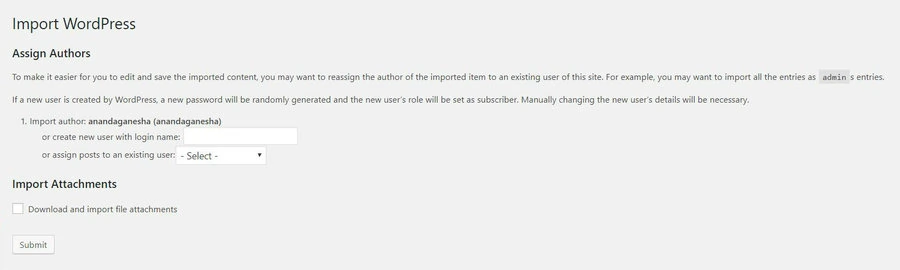 WordPress import page showing a section where you assign authors.