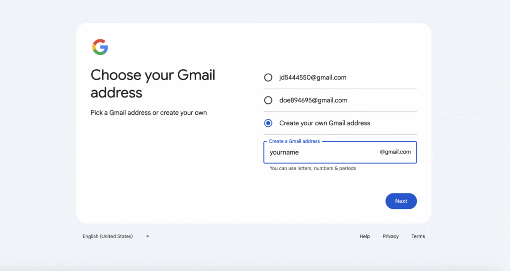 Email address creation page on Gmail