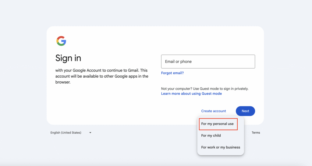 For my personal use option highlighted on Gmail's new account creation page