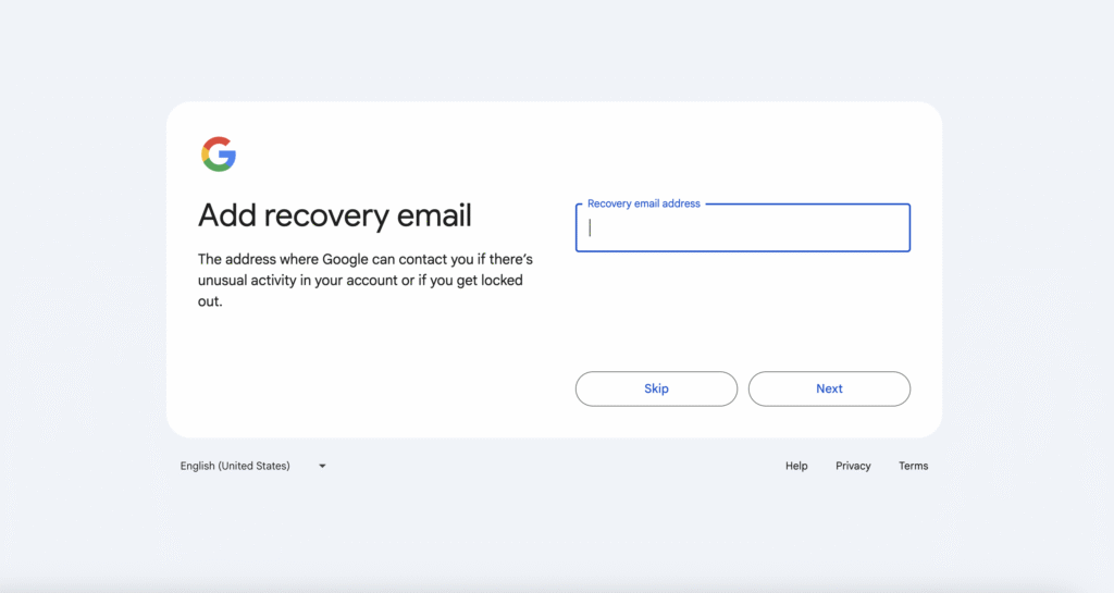 Recovery email field on Gmail account creation step