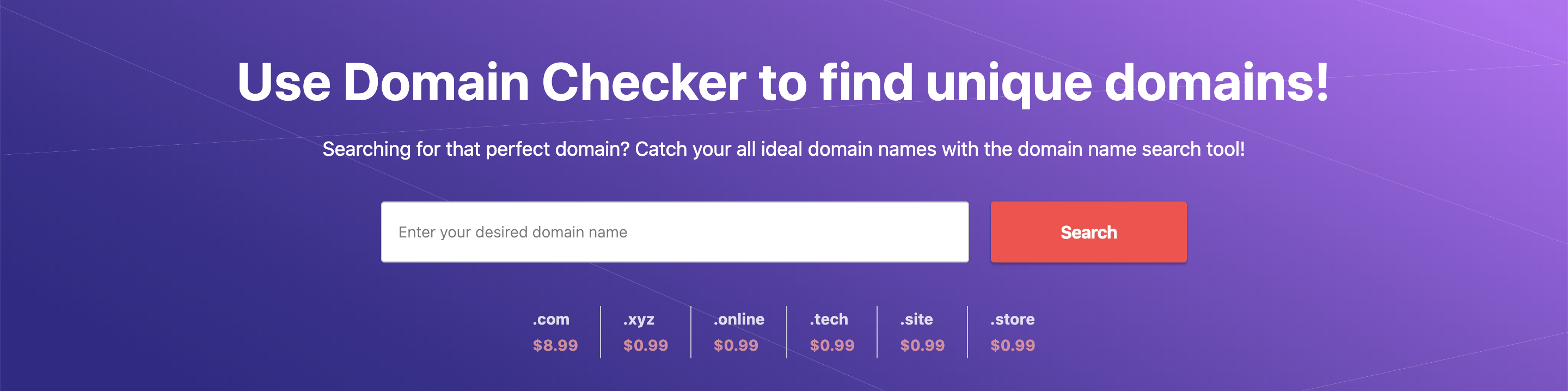 Prima pagină Hostinger Domain Checker.