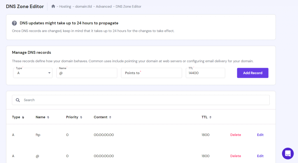 The DNS Zone Editor on hPanel