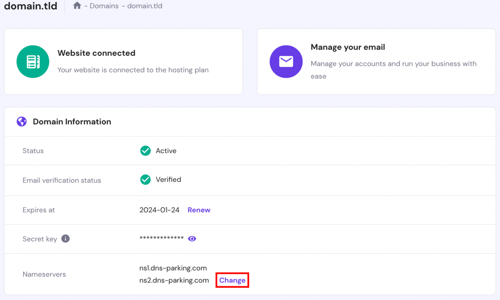 Selecting the Change button on the Domain Information section on hPanel's Domains page