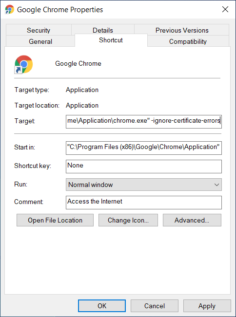 chọn target setting cho Google Chrome shortcut.