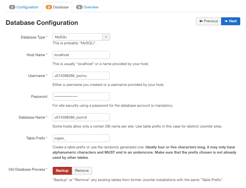 Installing Joomla manually - MySQL database setup