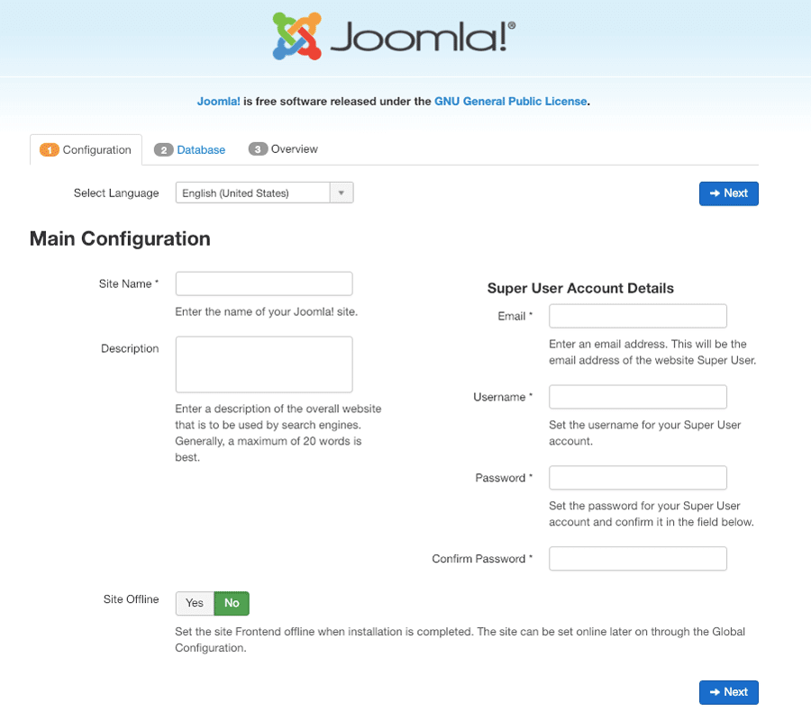 Installing Joomla manually - main configuration
