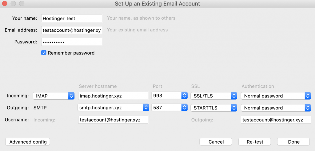 Configuring incoming and outgoing mail servers in Thunderbird