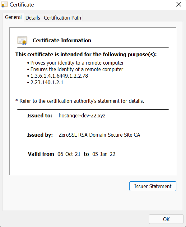 Screenshot of detailed SSL certificate information from a website shown in Google Chrome
