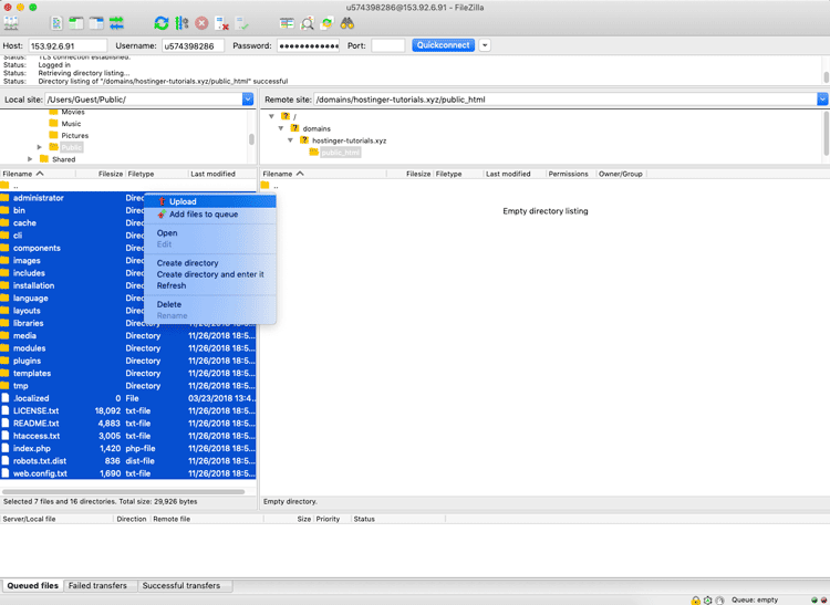 Uploading Joomla setup files via FileZilla FTP client