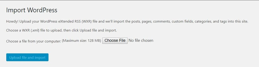 Import WordPress, choosing XML file to upload