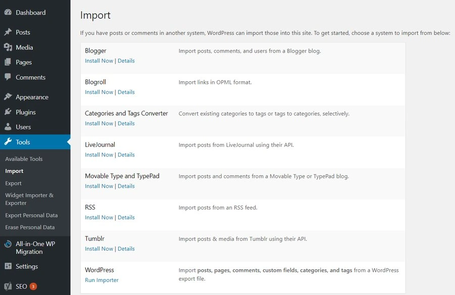 WordPress import page