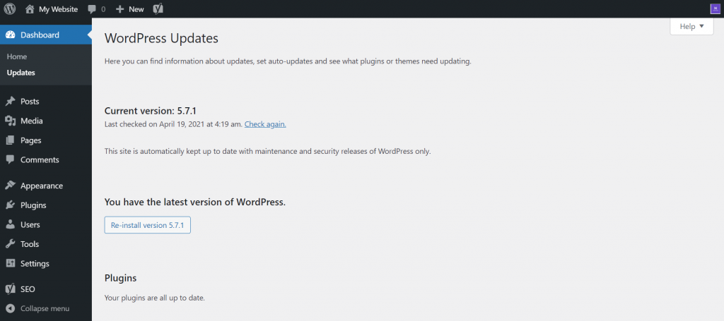 WordPress dashboard updates