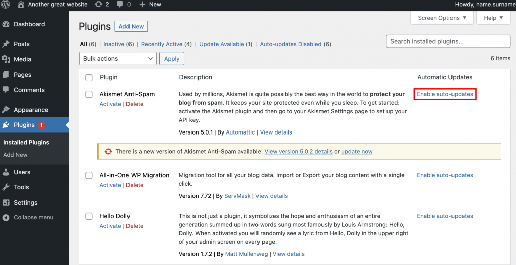Plugins section on WordPress admin dashboard. Enable auto-updates button is highlighted