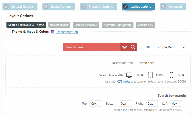AJAX Search Lite settings page, showing the layout options panel