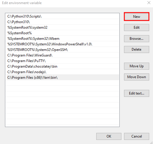 Adding a new path on environment variable on Windows