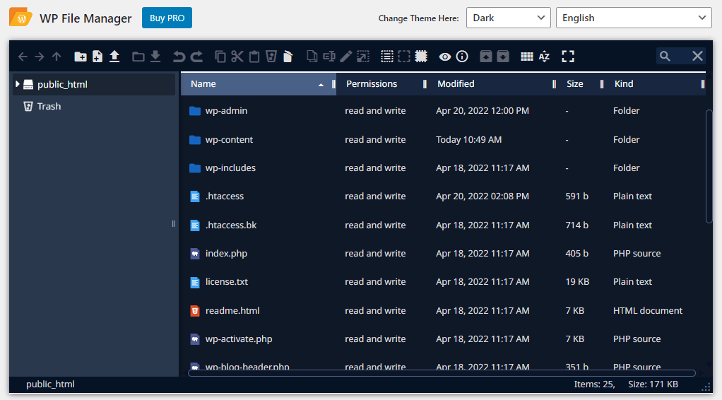 File Manager plugin interface in the dashboard