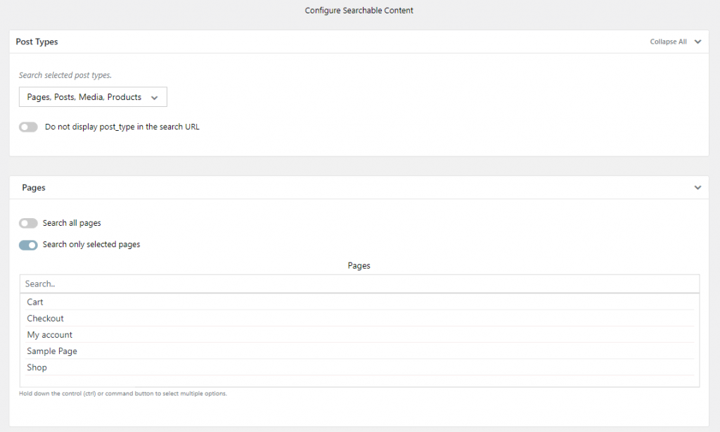 Ivory Search plugin settings panel, showing searchable content configuration