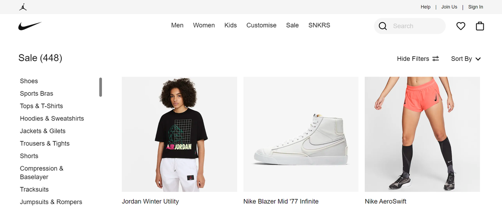 Sidebar menu on Nike website