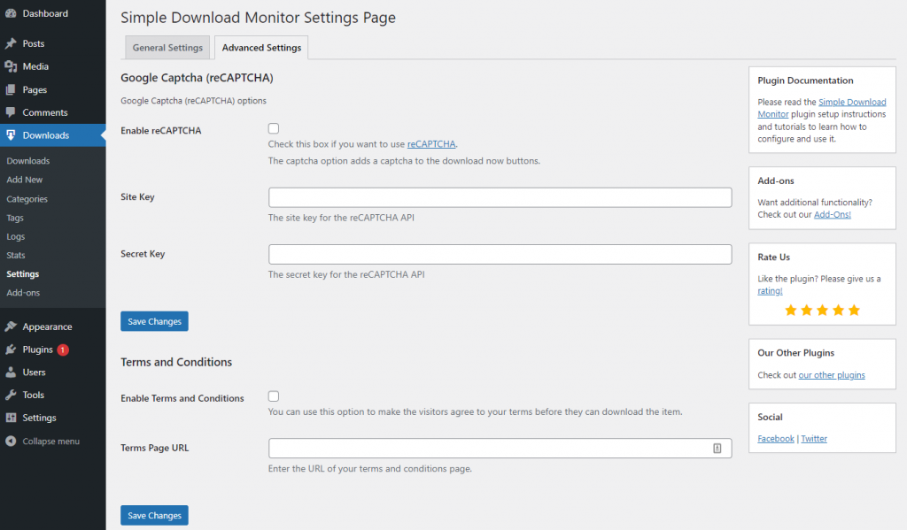 Simple Download Monitor settings page, showing the reCAPTCHA and Terms and Conditions options
