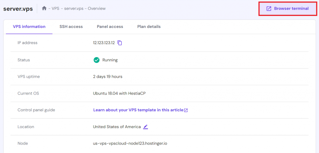 The Browser Terminal location in hPanel's VPS management menu