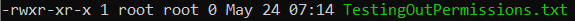 The command-line output displaying the ownership of a file and a group name in a given directory
