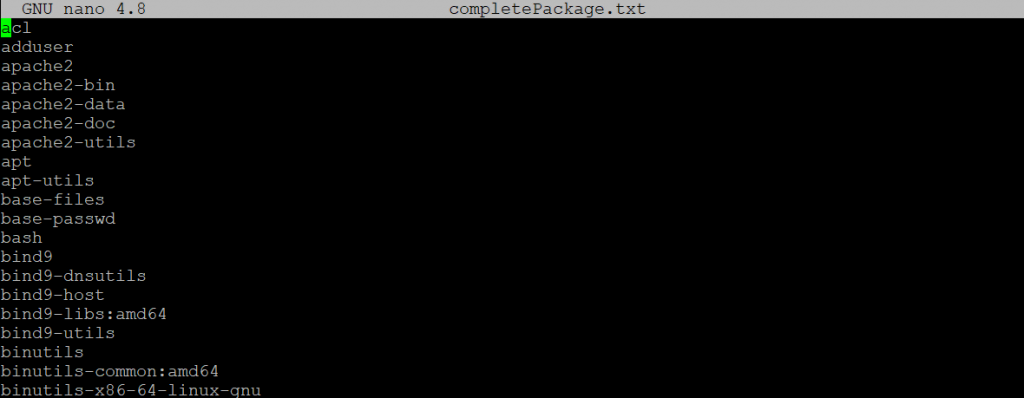 The list of installed packages in the complatepackage.txt file