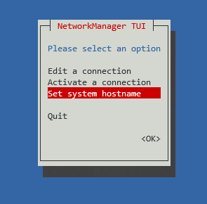NetworkManager TUI 窗口中的設(shè)置系統(tǒng)主機(jī)名選項(xiàng)