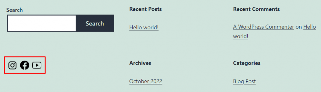 WordPress footer area after inserting the social icons using a widget
