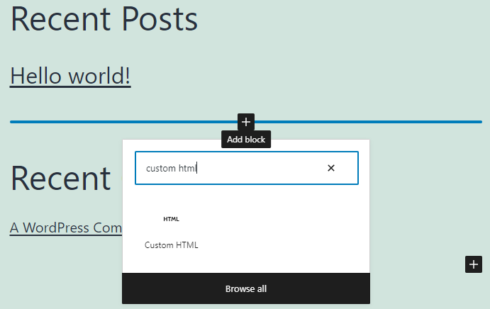WordPress widget editor, showing the add block button and block inserter pop-up
