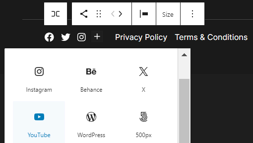 The pop-up window in Site Editor for adding new social icons with YouTube highlighted