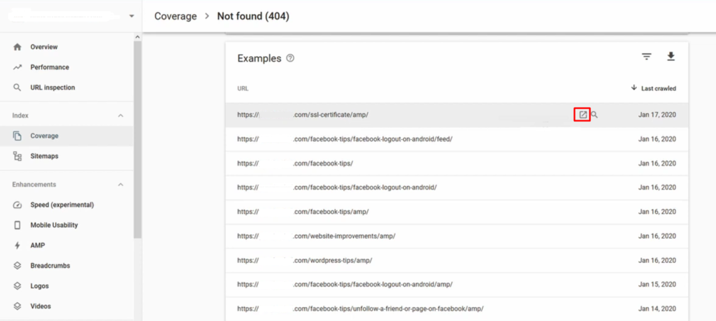 Not Found 404 errors list in Google Search Console.