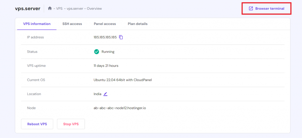 The Browser terminal location in hPanel VPS overview menu