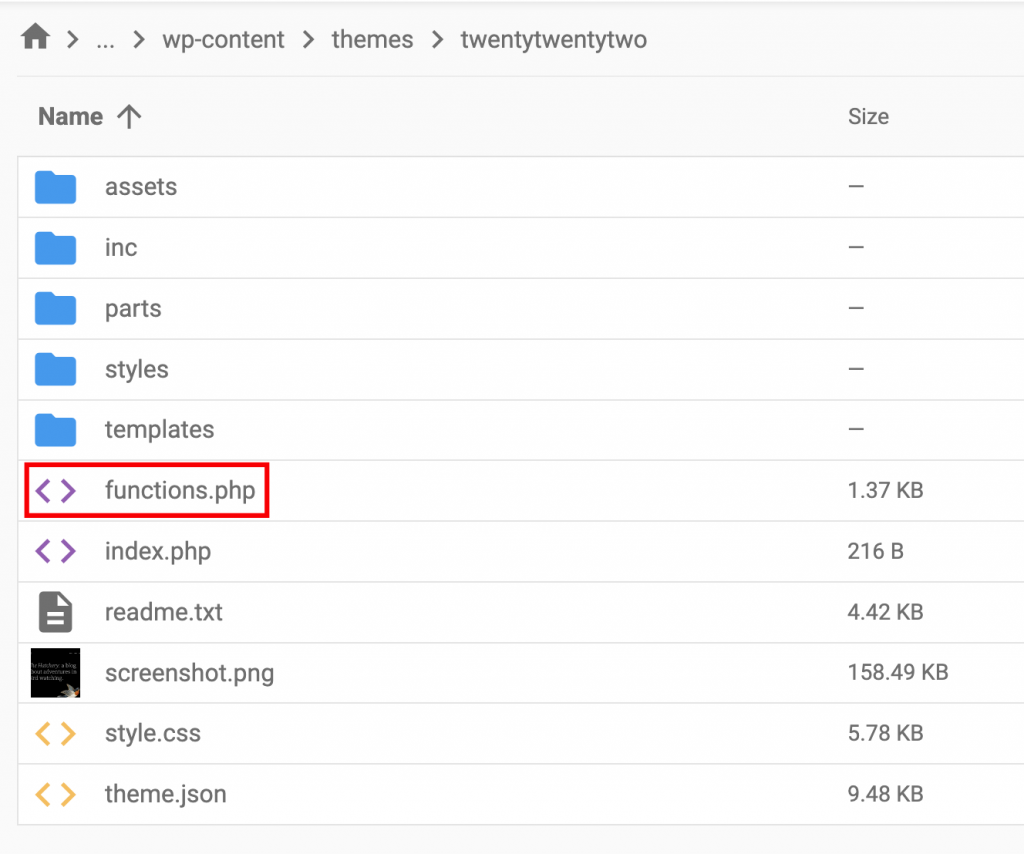 The themes folder in File Manager. Functions.php file is highlighted