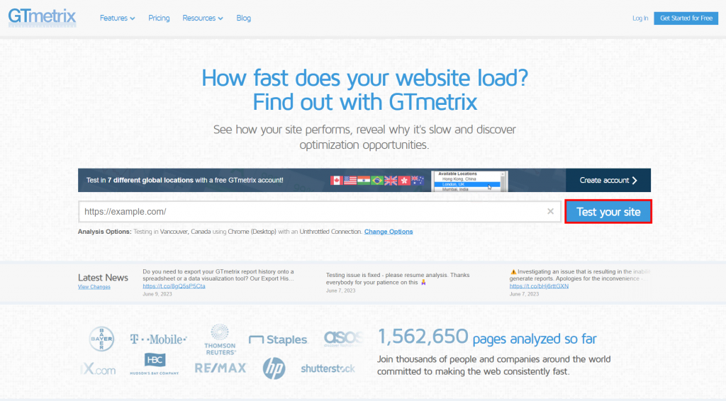 The GTmetrix homepage with the Test your site button highlighted
