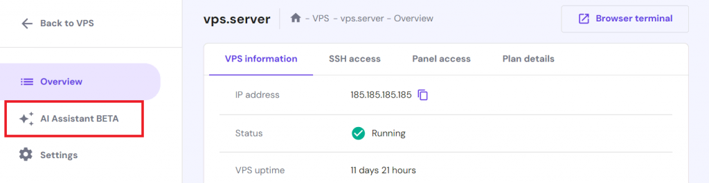 Hostinger VPS AI Assistant location in hPanel