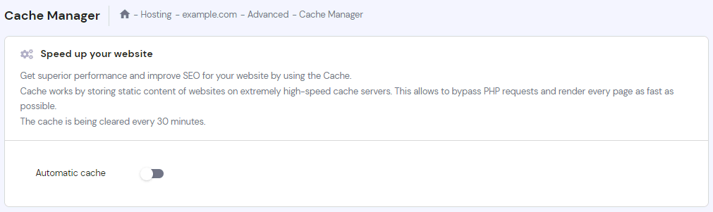 The Cache Manager page on hPanel