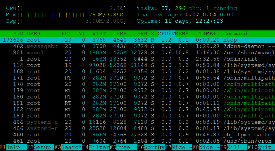 The htop user interface in Linux Terminal