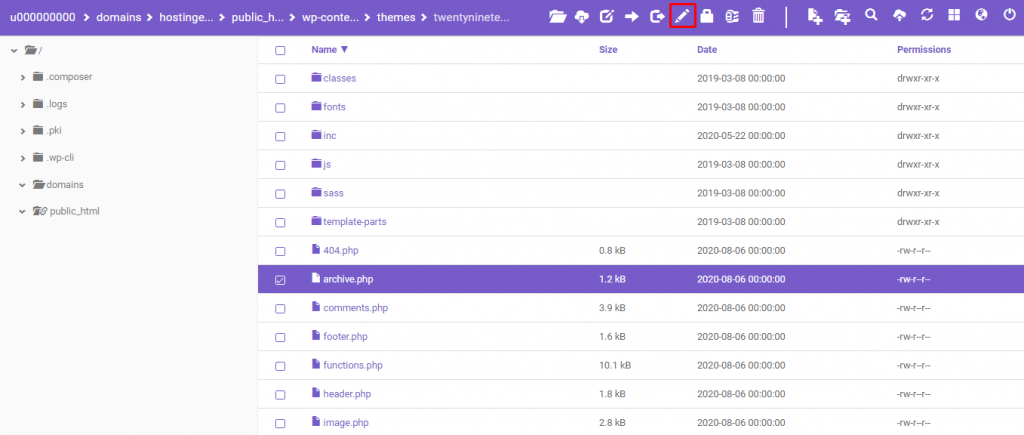 Screenshot showing how to edit WordPres themes using theme files