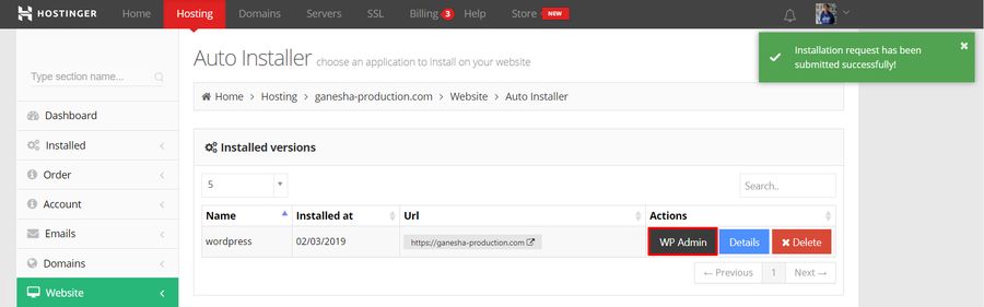 Successful WordPress installation on hPanel