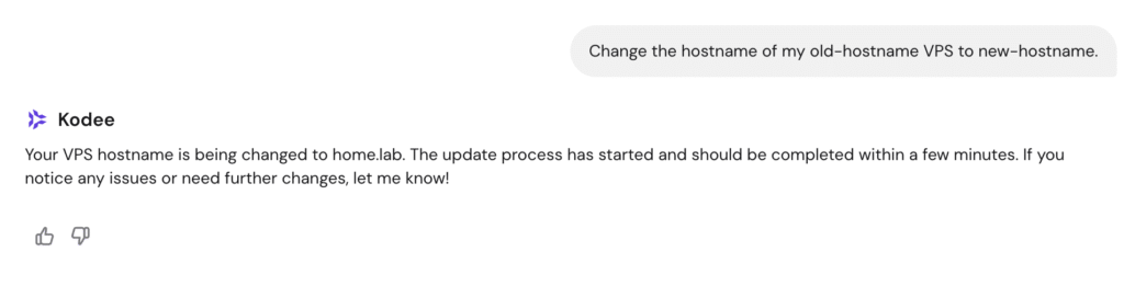 Kodee changes the hostname of a server