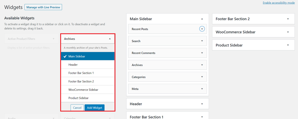 Adding a widget to the main sidebar on WordPress