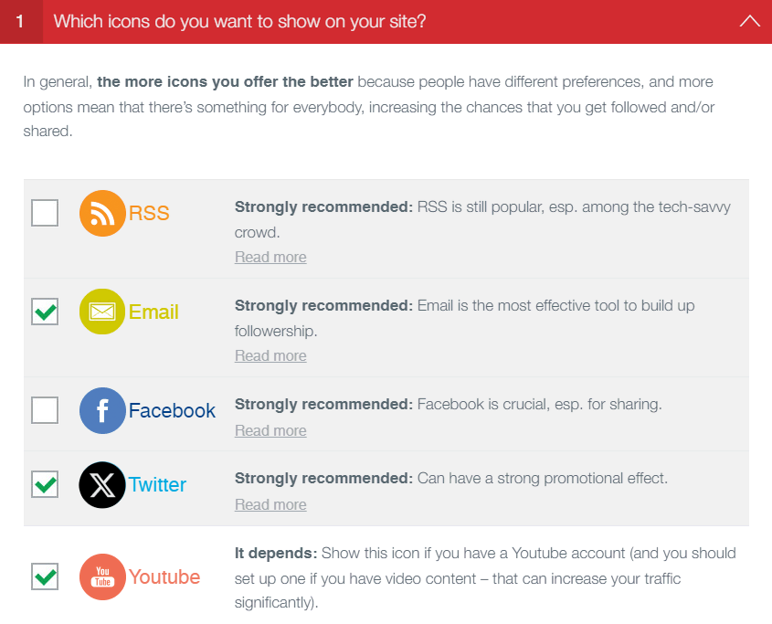 The checkboxes in Social Media Share Buttons & Social Sharing Icons' Which icons do you want to show on your site?