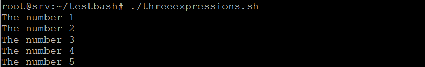 The three-expression bash for loop output