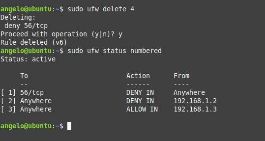 Lista de reglas UFW que se muestra en la terminal en Ubuntu