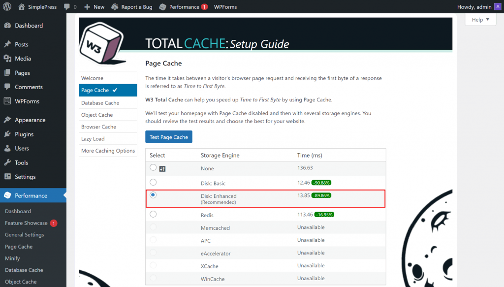 The W3 Total Cache plugin with the Disk: Enhanced option highlighted